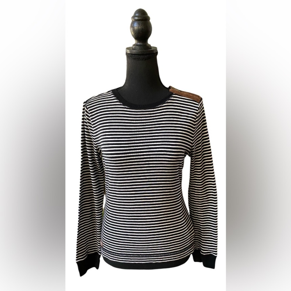Ralph Lauren Lauren: Black and White a stripe Shirt with Brown Elbow Pads